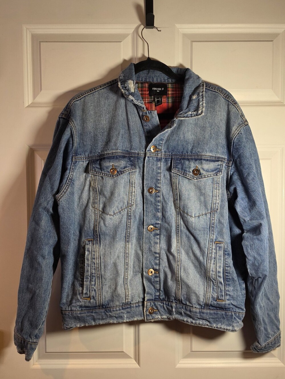Forever 21 Men Blue Denim Red Flannel Lined Button Front Fall Jacket M